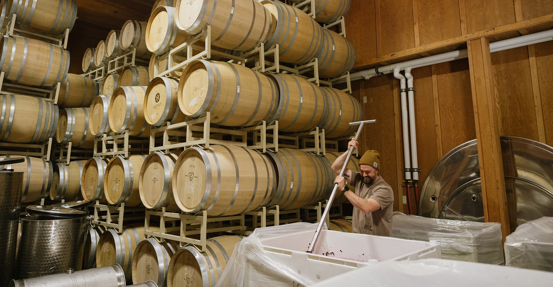 Chase mashing grapes